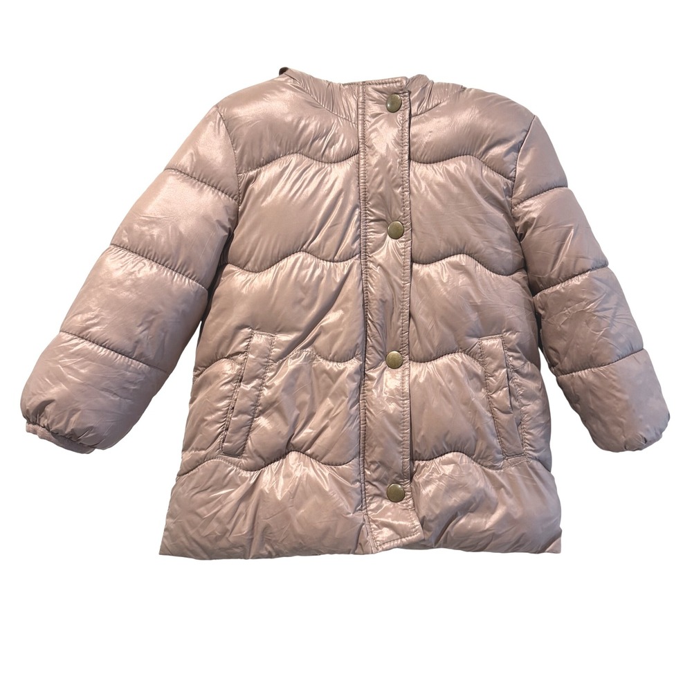 Old Navy Puffer Jacket Faux Fur Hood Gold Beige Girls Size 2T Winter Coat